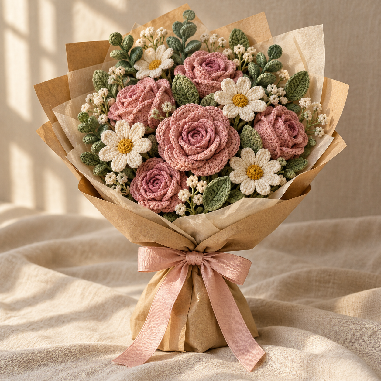 Blush crochet roses and cream daisies wrapped for gifting